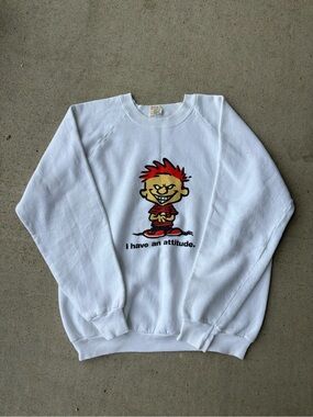 Vintage 90s Bootleg Calvin and Hobbs Attitude Crewneck Sweatshirt XL